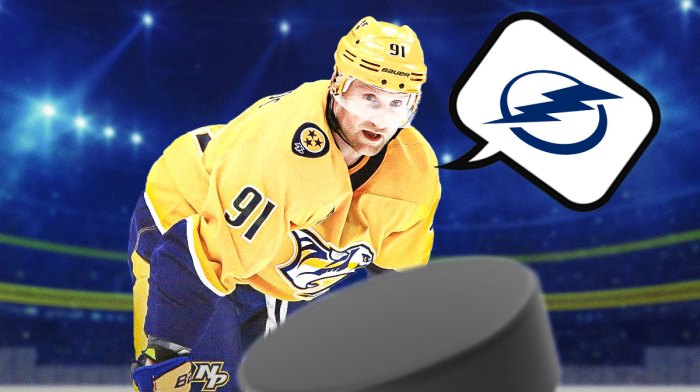 Steven Stamkos in a Predators jersey with a thought bubble of the Tampa Bay Lightning logo in it