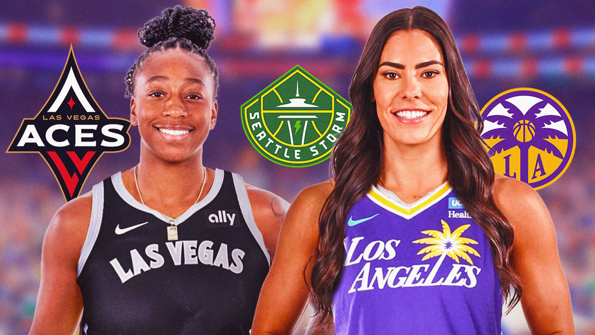 Kelsey Plum in a Sparks uniform. Jewell Loyd in an Aces uniform. Aces, Storm and Sparks logos in the background