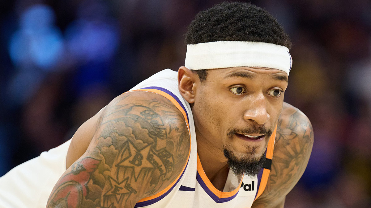 Phoenix Suns guard Bradley Beal (3) waits for play to resume against the Golden State Warriors during the fourth quarter at Chase Center.
