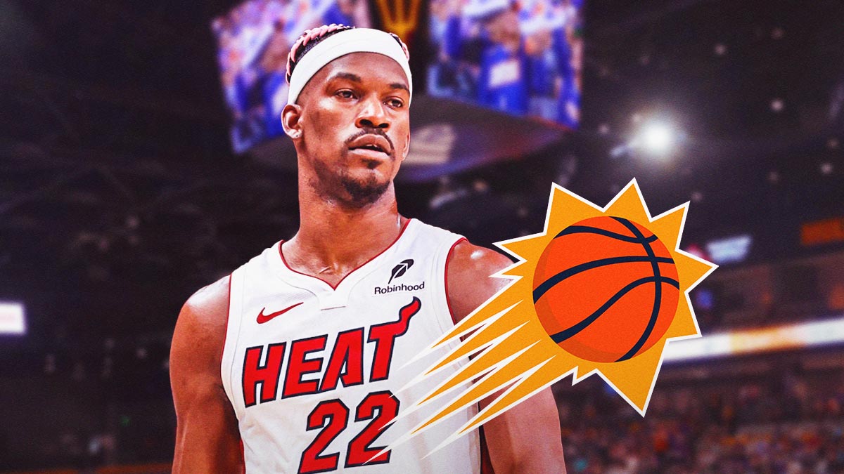 Heat star Jimmy Butler next to the Suns logo in front of Kaseya Center.