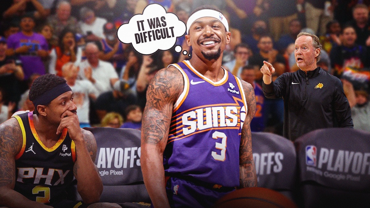 Suns guard Bradley Beal with a thought bubble that says "It was difficult" with Beal sitting on an NBA bench, and Mike Budenholzer coaching next to him.