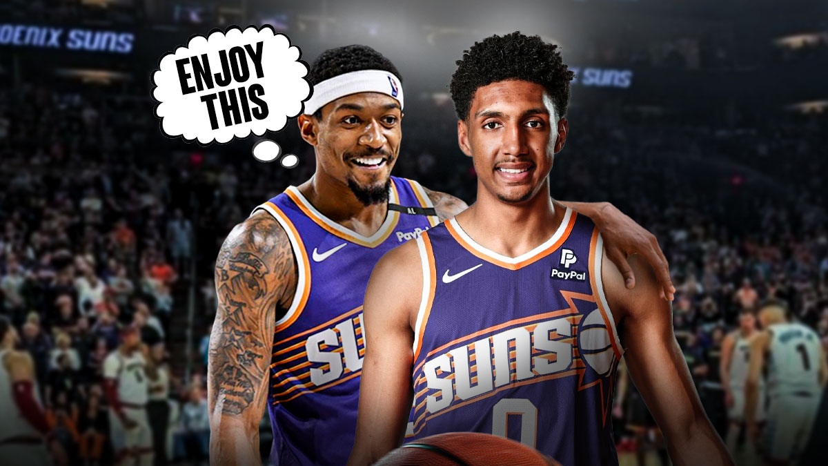 Suns guard Bradley Beal with his hand around Ryan Dunn and both of them are smiling. Beal has a thought bubble that says "Enjoy this"