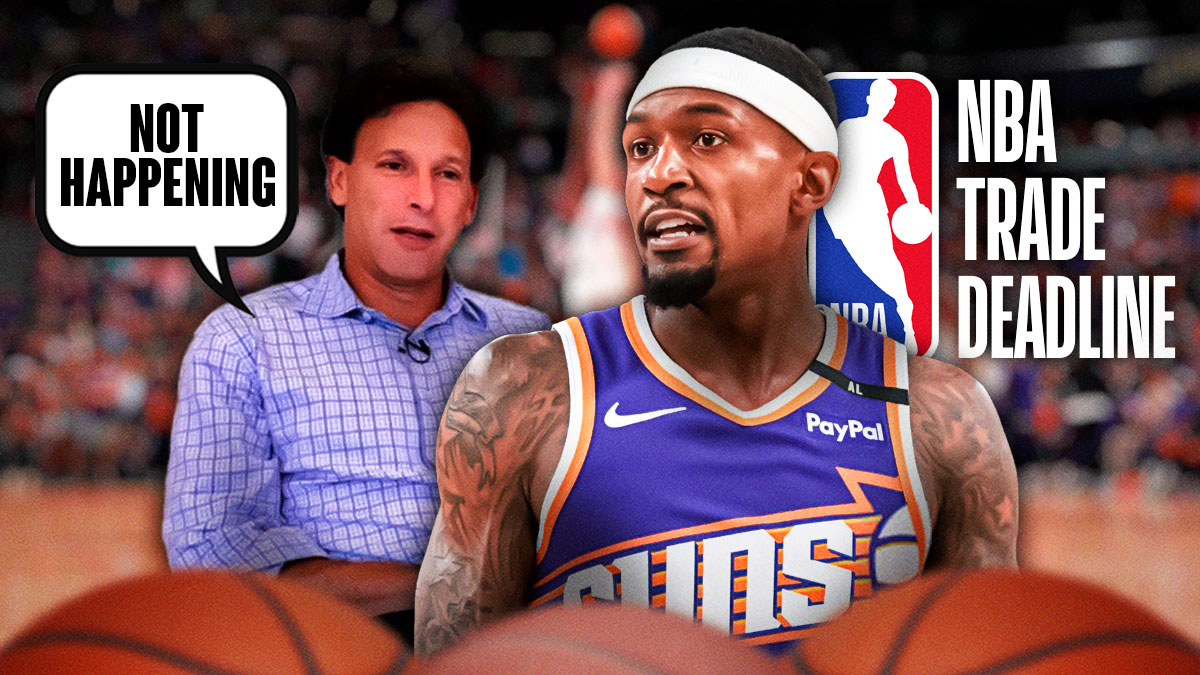 Mark Bartlestein with a thought bubble that says "Not happening" and Suns guard Bradley Beal next to him. There's also the NBA Trade Deadline picture in the background.