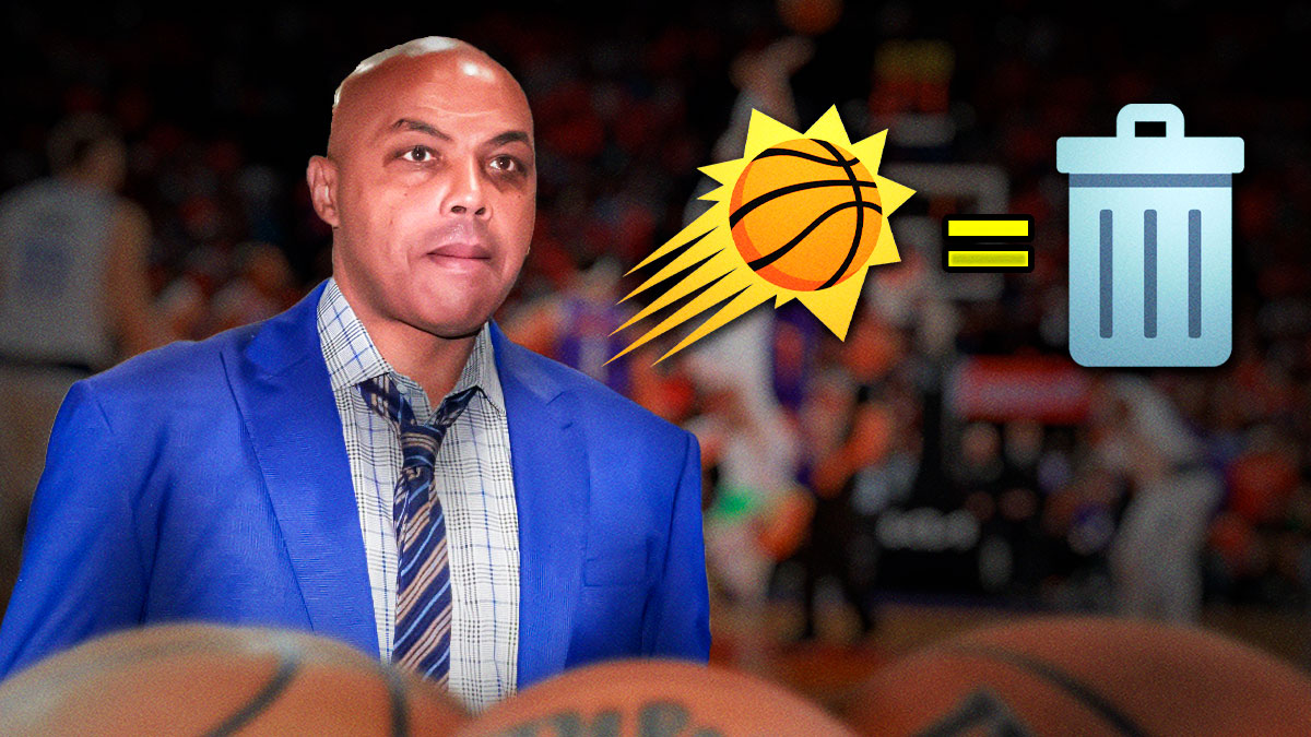 Charles Barkley with the Suns logo next to him. Next to the Suns logo is an equal sign, and next to the equal sign is the trash can emoji