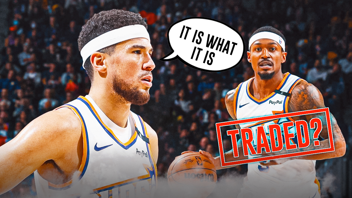Suns guard Devin Booker with a thought bubble that says "It is what it is" and Bradley Beal next to him with a stamp mark that says "Traded?"