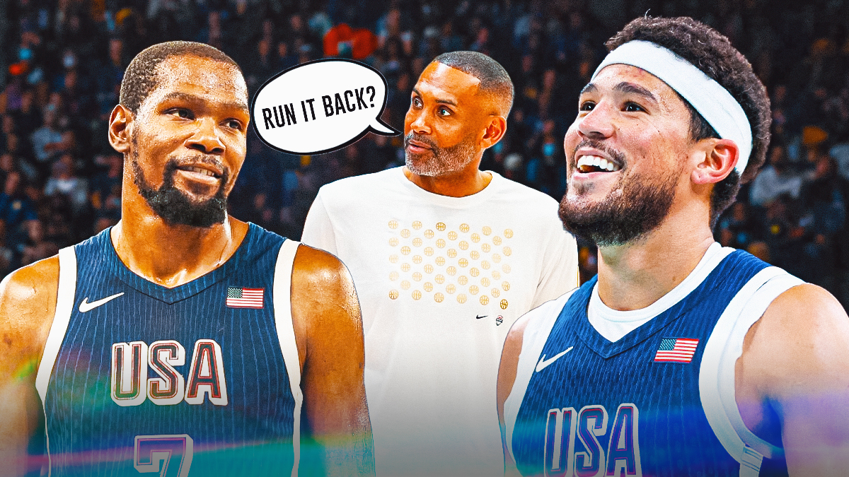 Devin Booker and Kevin Durant smiling, with USA Basketball team director Grant Hill standing next to them with a thought bubble that says "Run It Back?"