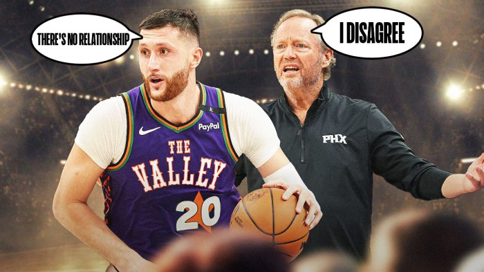 Suns center Jusuf Nurkic with a thought bubble that says "There's no relationship" and head coach Mike Budenholzer with another thought bubble that says "I disagree"