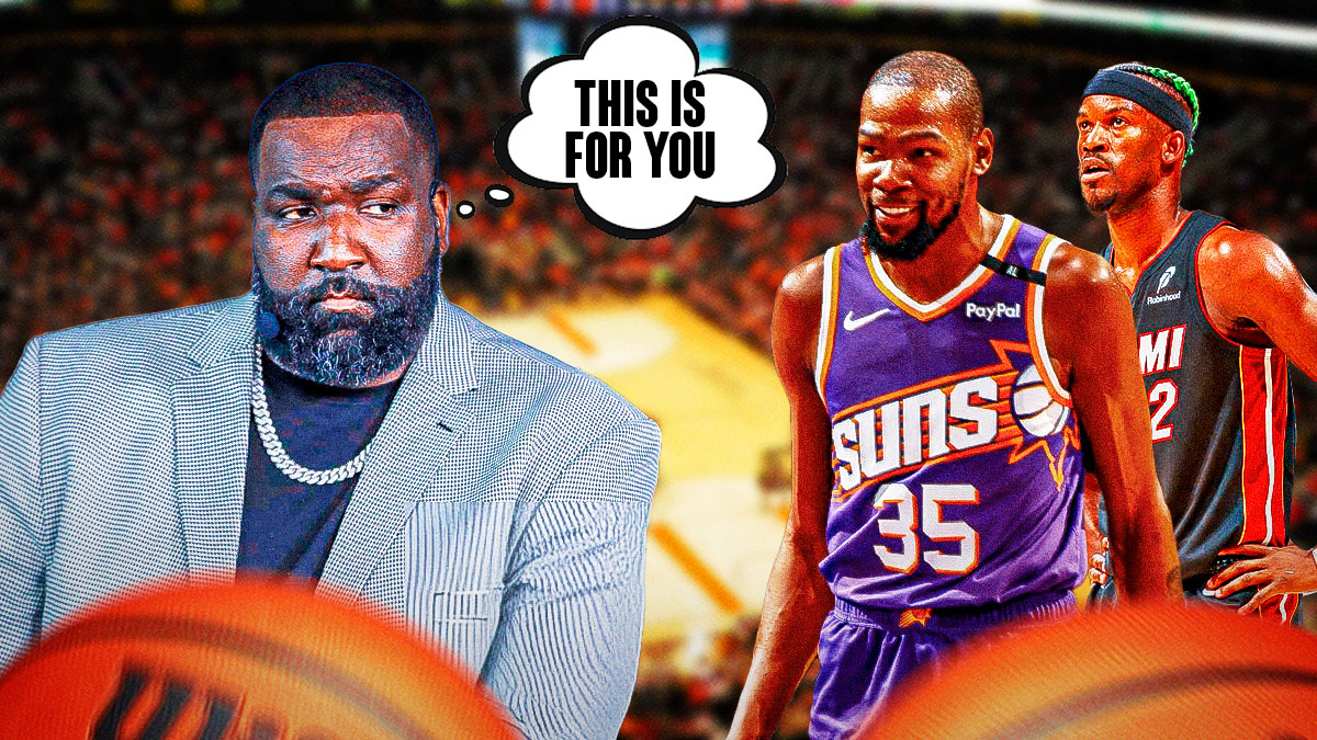 Kendrick Perkins with a thought bubble that says "This is for you" with Suns forward Kevin Durant smiling, and Jimmy Butler next to Durant