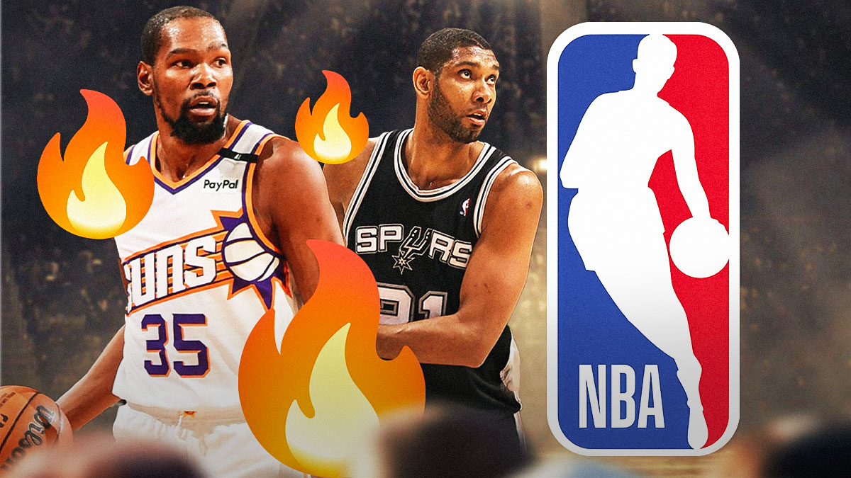 Kevin Durant, Tim Duncan, NBA logo in background, fire symbols surrounding Durant and Duncan