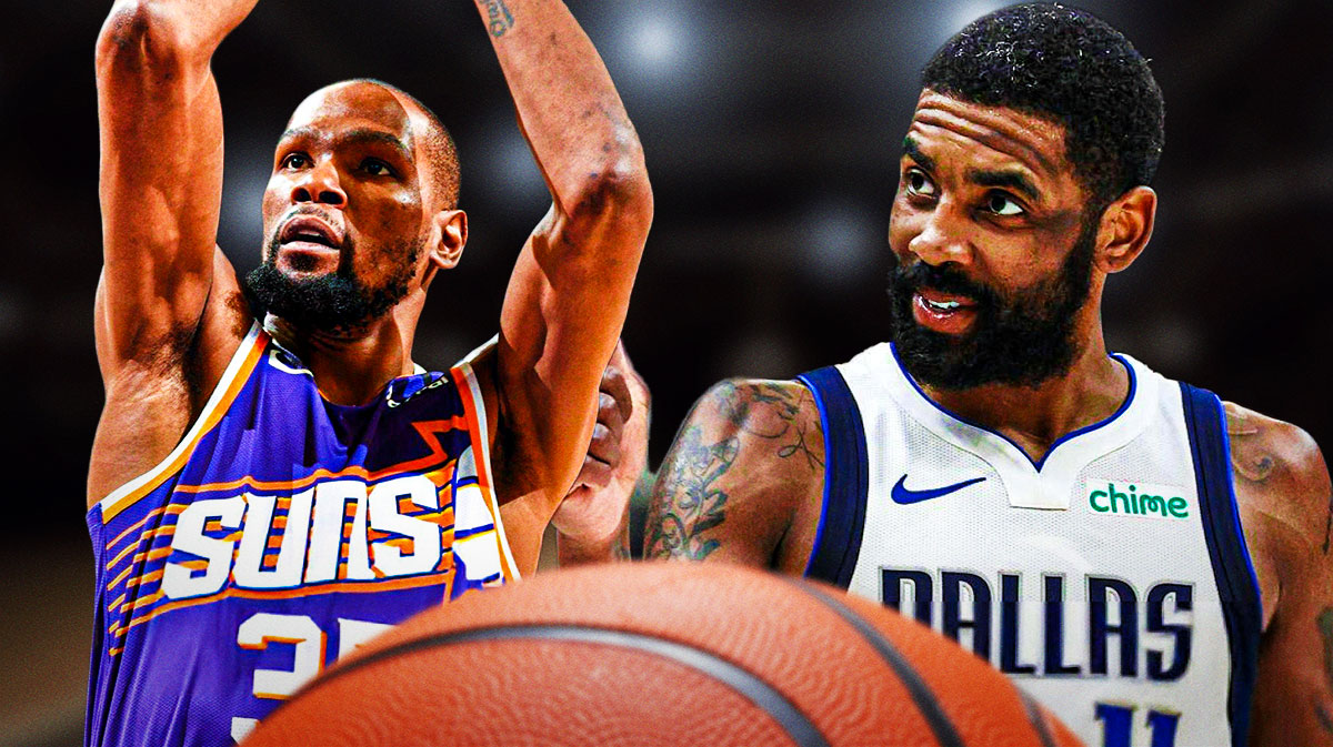 Kyrie Irving clapping his hands, while Kevin Durant is next to him, shooting a basketball.