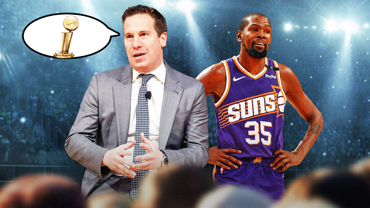 Suns owner Mat Ishbia with a thought bubble of the NBA championship trophy. Next to Ishbia is Suns forward Kevin Durant, who is smiling next to Ishbia and giving a thumbs up.