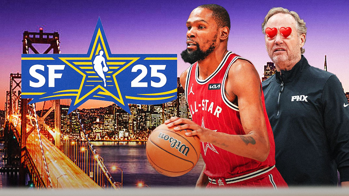 Suns head coach Mike Budenholzer with hearts over his eyes. There's also Kevin Durant in an NBA All-Star jersey shooting a jump shot. Meanwhile, there's a background of the 2025 NBA All-Star Game logo and a background of San Francisco, California.