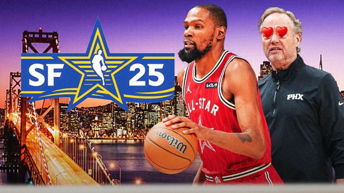 Suns head coach Mike Budenholzer with hearts over his eyes. There's also Kevin Durant in an NBA All-Star jersey shooting a jump shot. Meanwhile, there's a background of the 2025 NBA All-Star Game logo and a background of San Francisco, California.