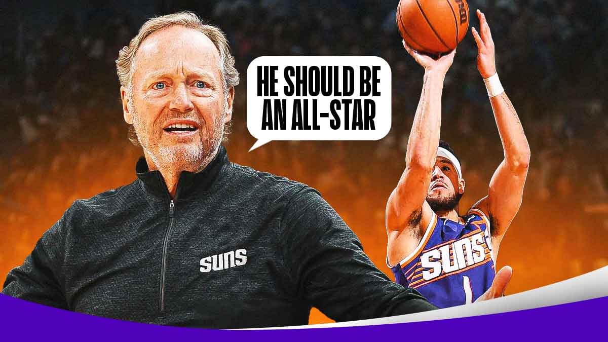 Mike Budenholzer with a thought bubble that says "He should be an All-Star" with Devin Booker in a Phoenix Suns jersey shooting a basketball. There's also a background of the 2025 NBA All-Star game logo.