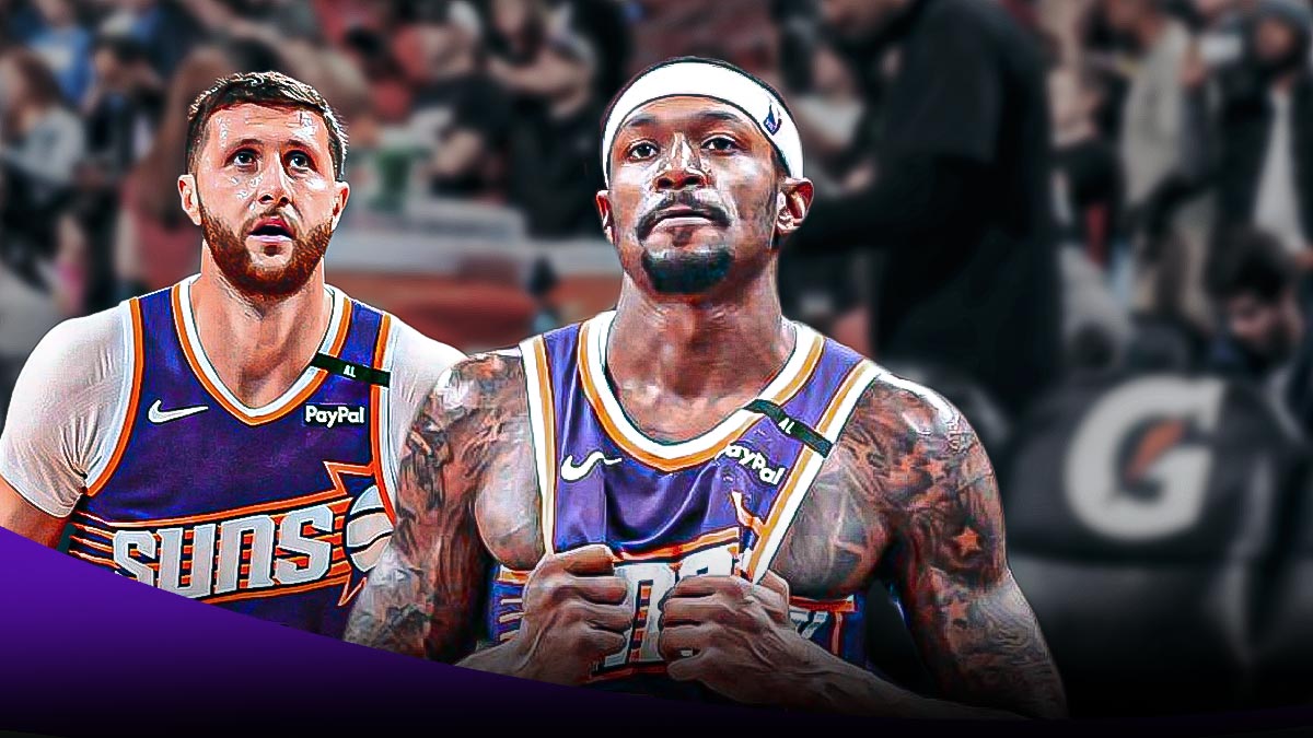 Suns guard Bradley Beal and center Jusuf Nurkic looking sad, with a picture of an empty NBA bench next to them