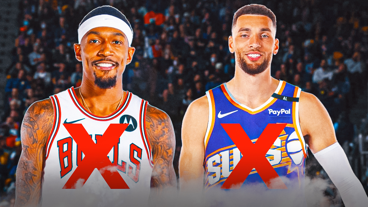 Bradley Beal in a Chicago Bulls jersey, and Zach LaVine in a Phoenix Suns jersey. Both players have an X mark going through their jerseys.