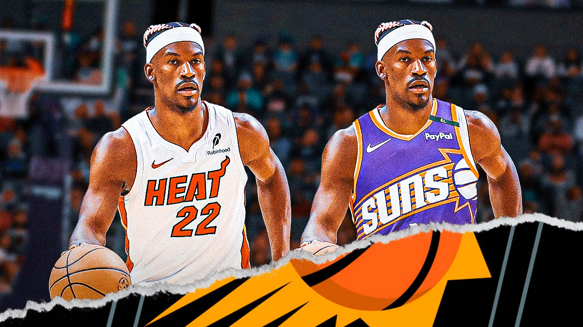Jimmy Butler in a Heat jersey and Sun jersey.