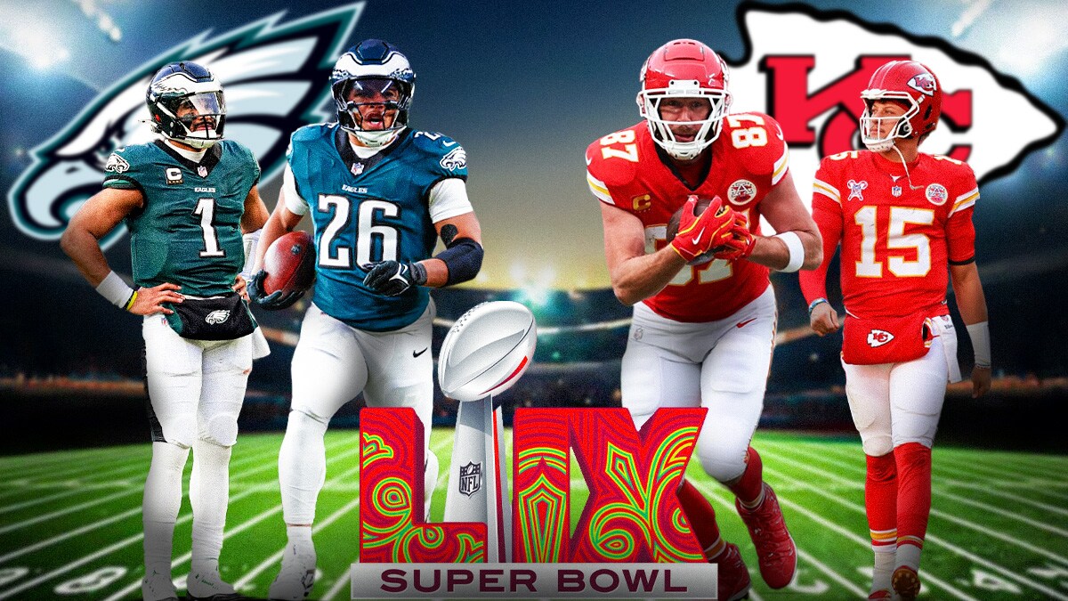 One side is Saquon Barkley and Jalen Hurts with Eagles logo in background. Other side is Josh Allen and Von Miller with Bills logo in background. Super Bowl 59 logo front and center.