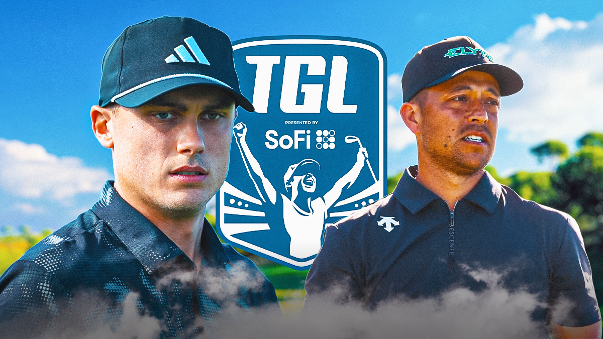 Ludvig Aberg celebrating. Xander Schauffele looking sad. TGL logo behind them