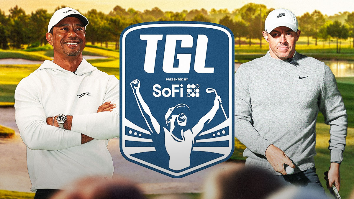 Tiger Woods and Rory McIlroy with TGL golf league logo in between them