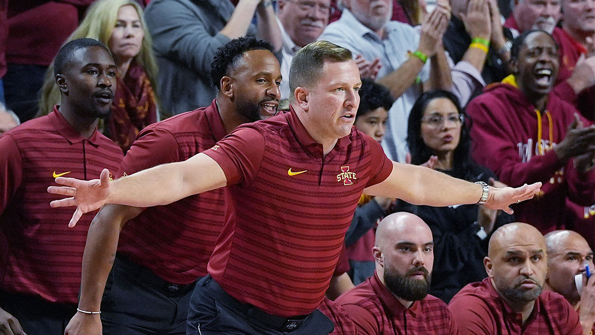 Iowa State Cyclones men's basketball head coach T.J. Otzelberger reacts from the bench during the first half against Kansas in the Big-12 men’s basketball showdown at Hilton Coliseum