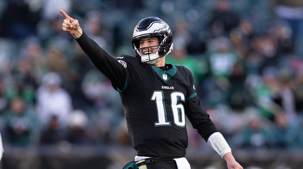 Philadelphia Eagles quarterback Tanner McKee (16) reacts after drawing an offside call by the New York Giants during the fourth quarter at Lincoln Financial Field.