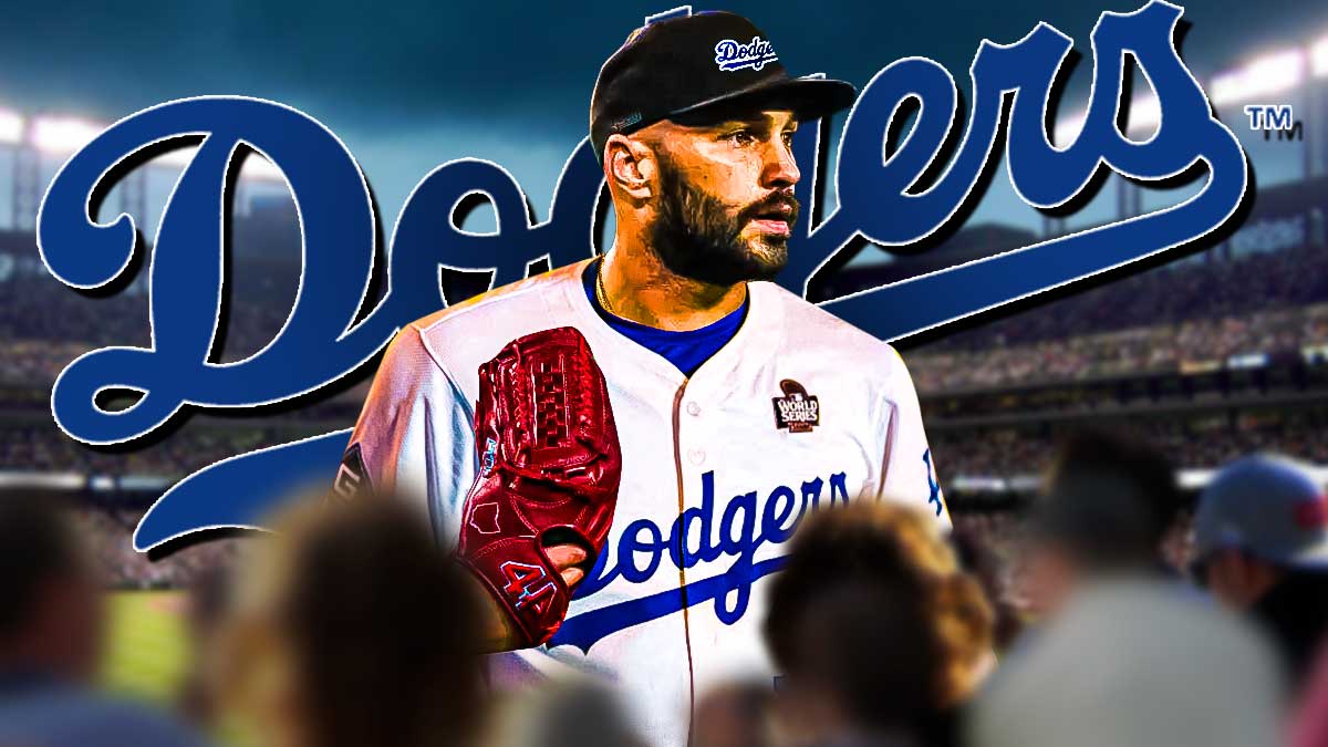 Image of Dodgers relief pitcher Tanner Scott (in a Dodgers uniform) looking happy. Dodgers logo in background