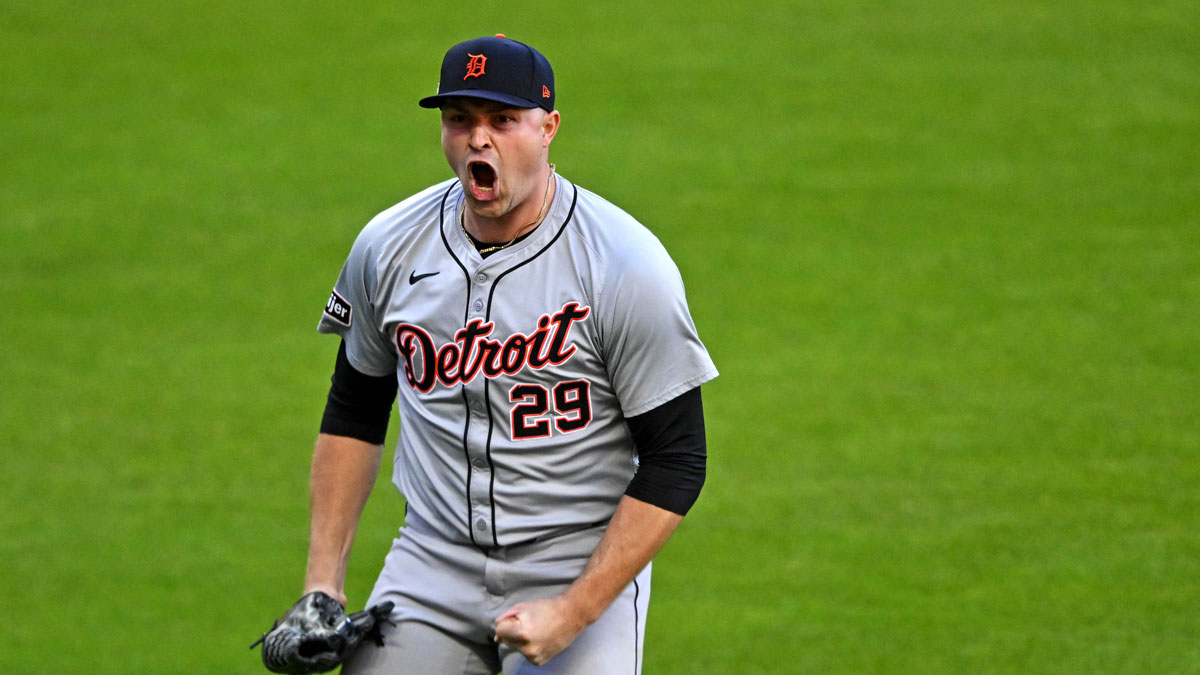 Detroit Tigers pitcher Tarik Skubal (29) celebrates after a double play that ended the fifth inning against the Cleveland Guardians during game two of the ALDS for the 2024 MLB Playoffs at Progressive Field.