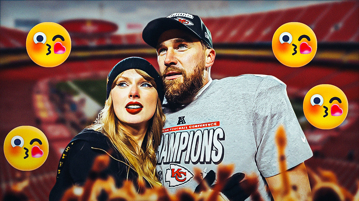 Taylor Swift and Kansas City Chiefs tight end Travis Kelce after the AFC Championship game against the Buffalo Bills with kiss face emojis and Arrowhead Stadium background.
