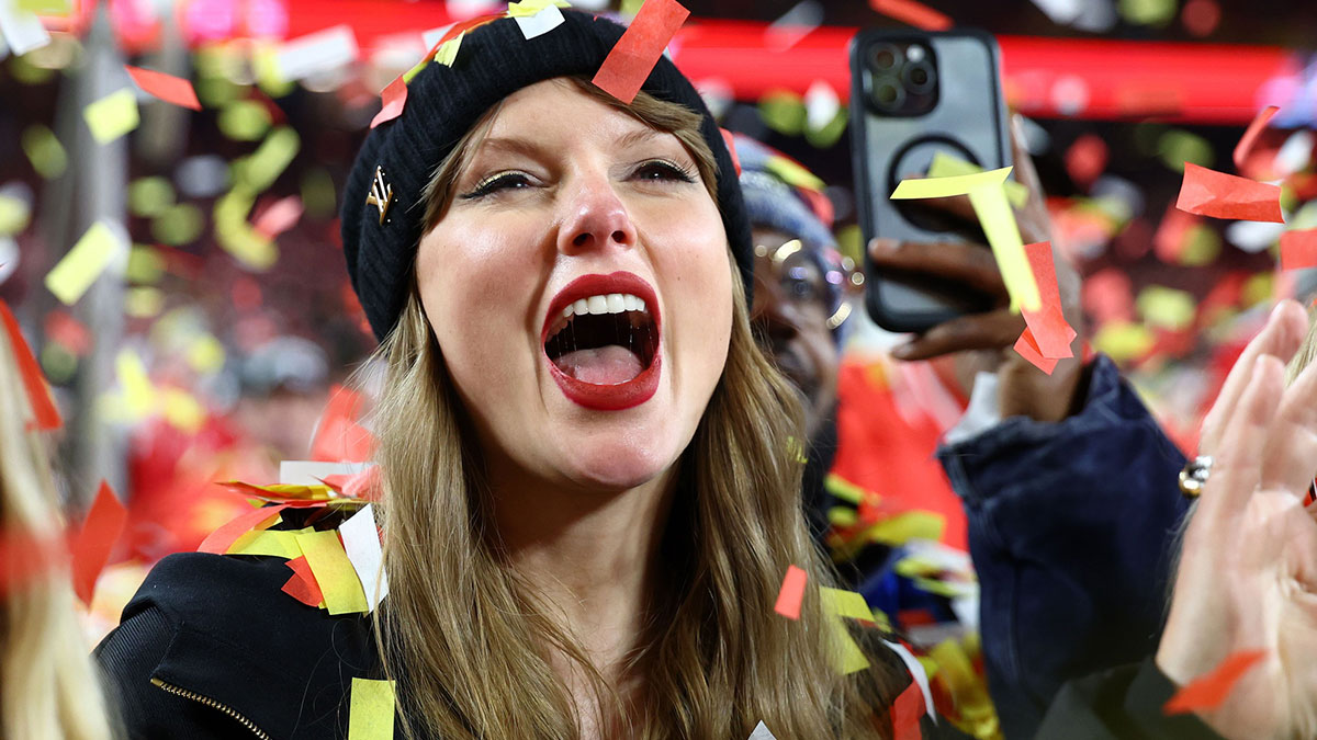 Recording artist Taylor Swift reacts after the AFC Championship game against the Buffalo Bills at GEHA Field at Arrowhead Stadium.