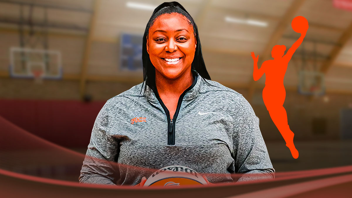 Monica Wright Rogers with the WNBA logo in the background, Tempo general manager
