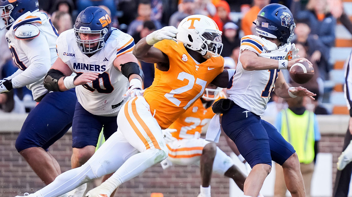 Tennessee defensive lineman James Pearce Jr. (27) sacks UTEP quarterback JP Pickles (19) during a college football game between Tennessee and UTEP at Neyland Stadium in Knoxville, Tenn., Saturday, Nov. 23, 2024.