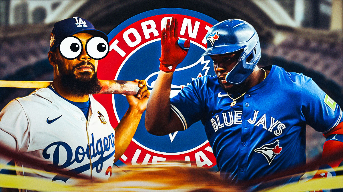 Teoscar Hernandez with emojis in his eyes looking at Blue Jays Vladimir Guerrero Jr