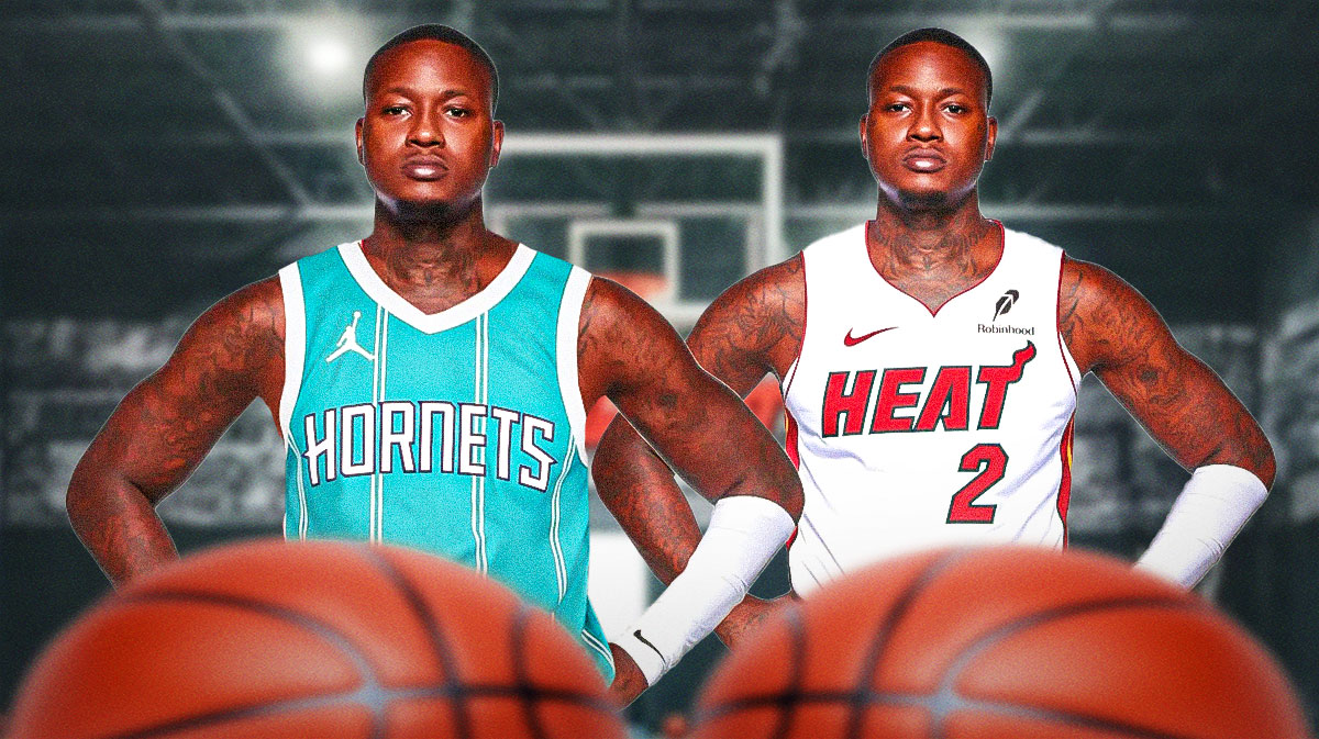 Terry Rozier in a Hornets uniform next to him in a Heat uniform in front of Kaseya Center.