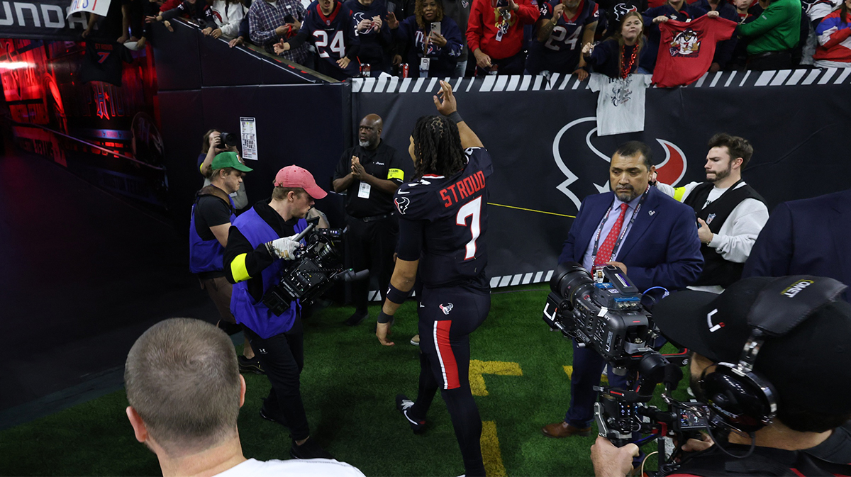 Houston Texans quarterback CJ Stroud (7) leaves the field after the AFC wild card game win against the Los Angeles Chargers at NRG Stadium. 