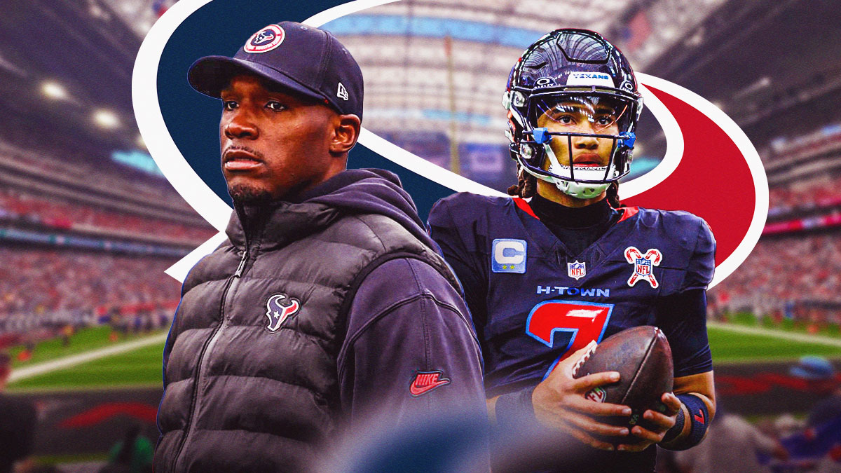 Image of Texans quarterback CJ Stroud looking upset next to an image of DeMeco Ryans looking sad. Texans logo in background