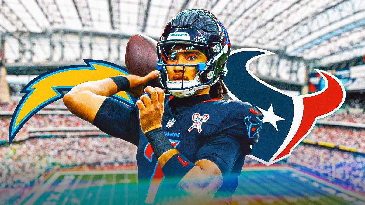 Houston Texans quarterback C.J Stroud passing the football in center, Houston Texans logo on left side, Los Angeles Chargers logo on right side, NRG Stadium (home stadium of the Houston Texans) in background