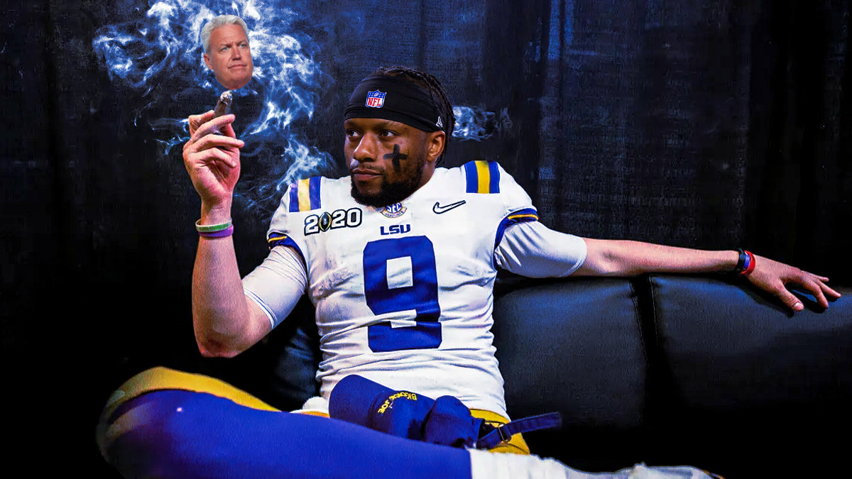 Texans RB Joe Mixon smoking a cigar with Rex Ryan's face in the cigar's smoke.