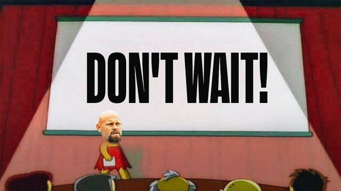Former NFL offensive lineman AQ Shipley standing on a stage with a projector reading, "DON'T WAIT!" because of the firing of Texans OC Bobby Slowik.