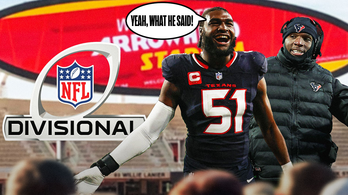 Texans EDGE Will Anderson Jr. standing next to head coach DeMeco Ryans. Above Anderson's head is a speech bubble saying, "Yeah, what he said!" colorized divisional round logo in background. Background is Arrowhead Stadium.