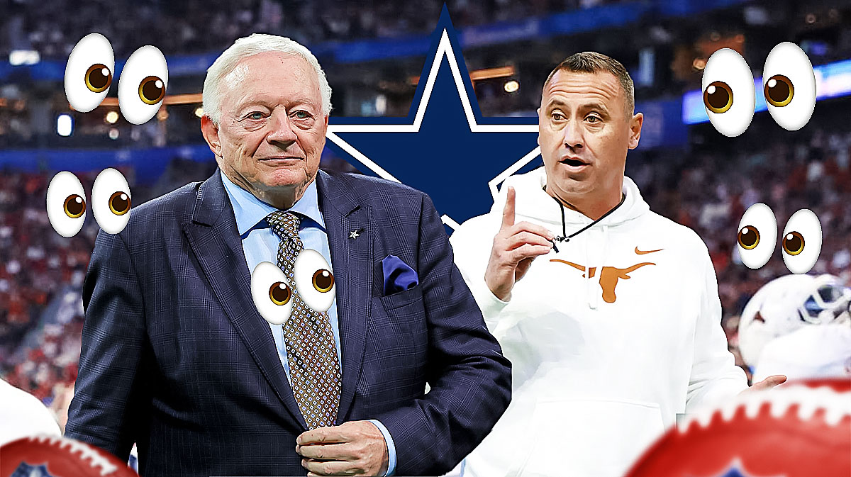 The Dallas Cowboys logo in the middle, Jerry Jones on one side, Steve Sarkisian on the other side, a bunch of the big eyes emojis in the background