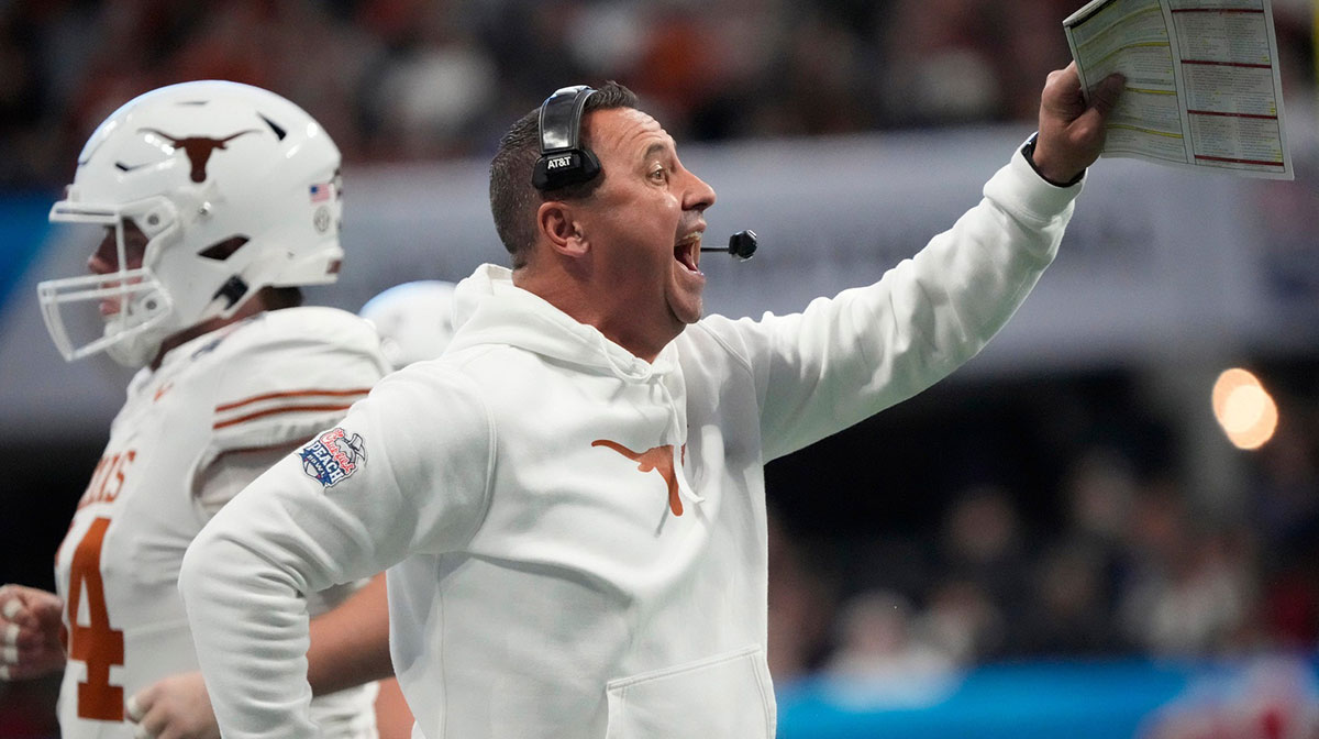 Texas head coach Steve Sarkisian directs his player against Arizona State during the second quarter of the Chick-fil-A Peach Bowl in Atlanta on Wednesday, Jan. 1, 2025.
