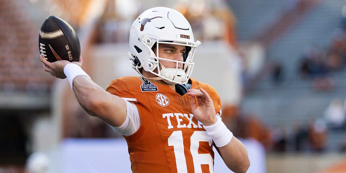 Texas Longhorns Quarterback Arch Manning (16) against Clemson Tigers during CFP National Playoffs in the first round in the Darrell K Royal-Tekas Memorial Stadium.