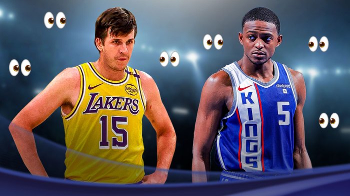 Image of Lakers Austin Reaves next to image of Kings De'Arron Fox. eyes logo next to them
