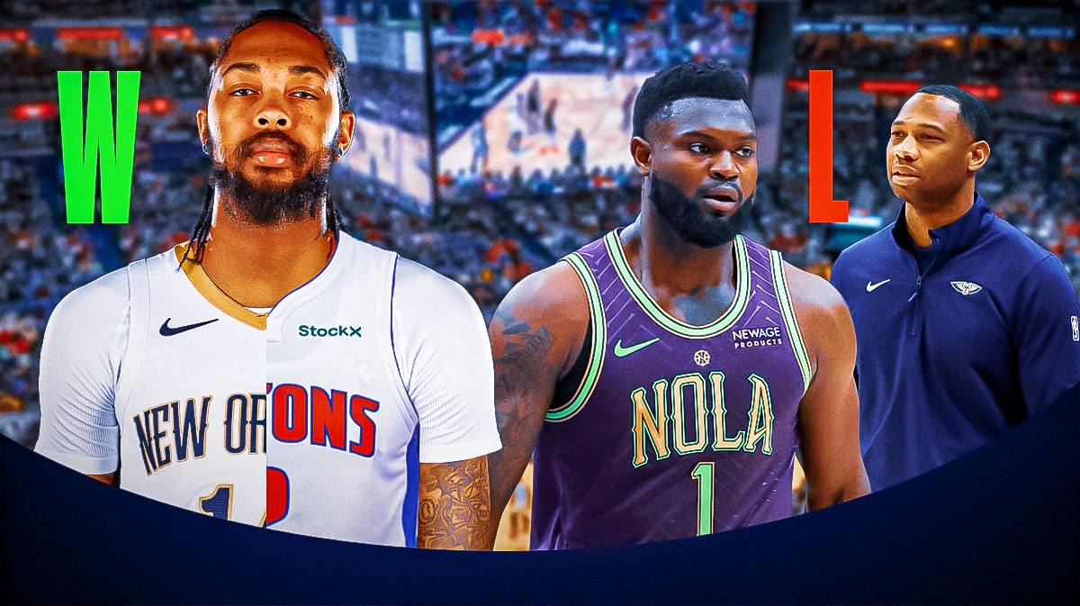 Brandon Ingram in half Pelicans half Pistons jersey next to Zion Williamson and Willie Green