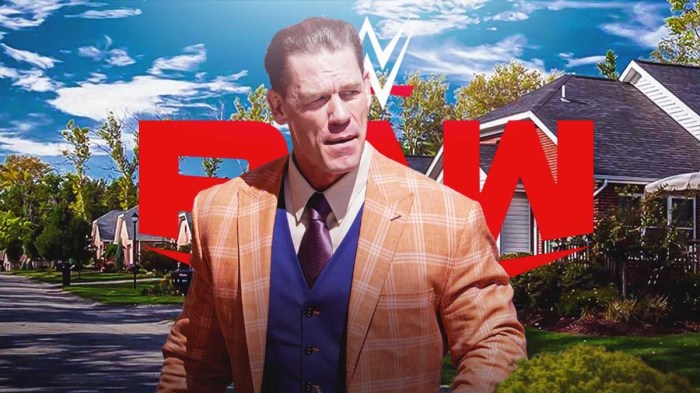 John Cena next to the RAW logo in front of a retirement home.