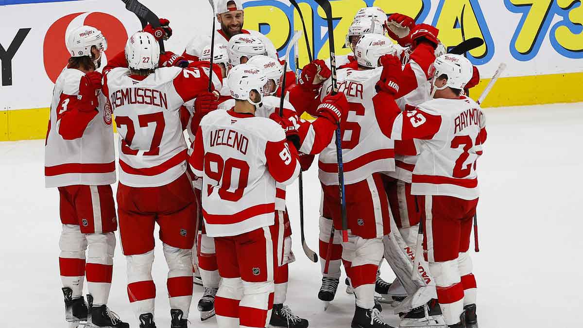 The Detroit Red Wings celebrate a 3-2 shoot-out win over the Edmonton Oilers at Rogers Place.