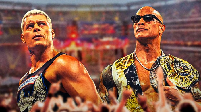 WWE stars Cody Rhodes and Dwayne The Rock Johnson, who both appeared at the first episode of Monday Night RAW on Netflix with WrestleMania stage in background.