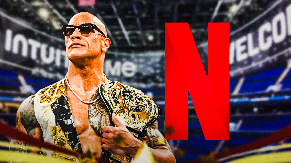 WWE star Dwayne The Rock Johnson as the Final Boss with Netflix logo and Intuit Dome background, where the premiere of Monday Night RAW will take place.