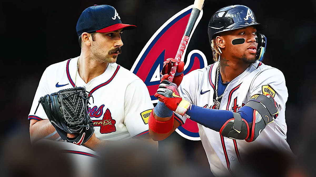 Braves Spencer Strider pitching a baseball on left, Braves Ronald Acuna Jr. swinging a baseball bat on right. Atlanta Braves 2024 logo in background.